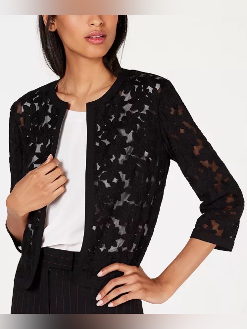 Anne Klein Black Floral Lace Crop Cardigan